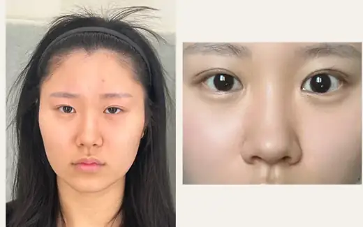 Revision eyelid surgery — one-month close-up at Hani Plastic Surgery. Before on the left · 1 month after surgery on the right